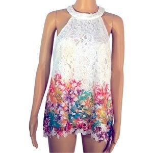 VENUS White Floral Lace Halter Tank Keyhole Back Women’s Medium to Large